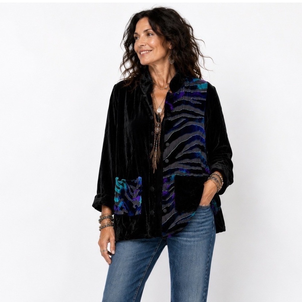 Ania A Velvet Burnout Jacket Large Black Silk Blend Tiger Stripe Artistic Boho